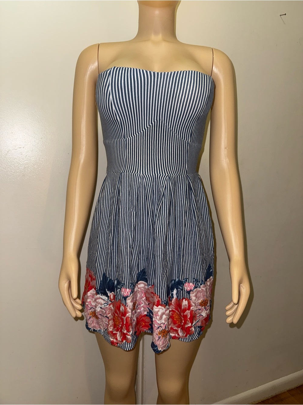 Xhilaration Navy and White Stripe Strapless Dress with Red Floral Hem